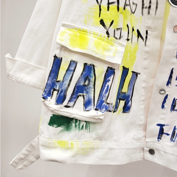 Aikha Handmade Graffiti Hand Painted Denim Jeans Jacket in White Size M/L - Picture 12 of 16